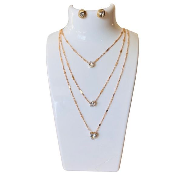 Jewelry set necklace stud earrings layered rhinestones gold tone - Picture 8 of 12